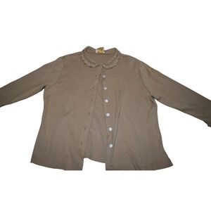 April Cornell Womens Button Up Top‎ Tan Embellished Collar Size L